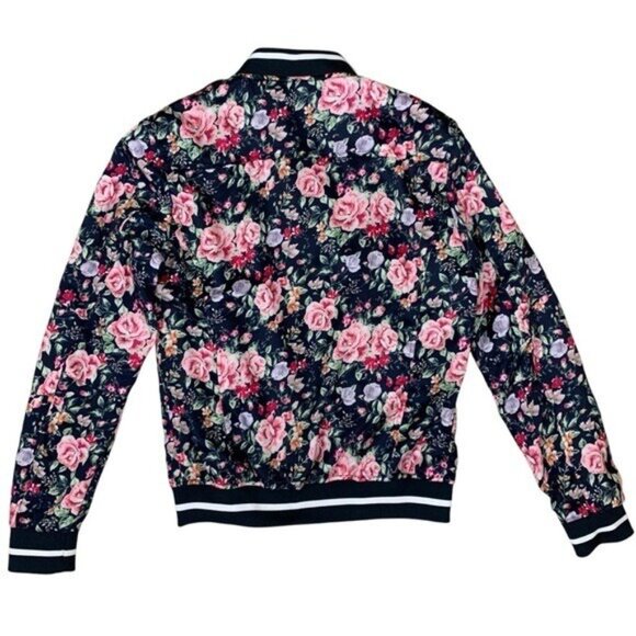 Beau Hudson Floral Bomber Jacket XS Navy Pink Rose Print Zip Up Ribbed Trim - Picture 2 of 4